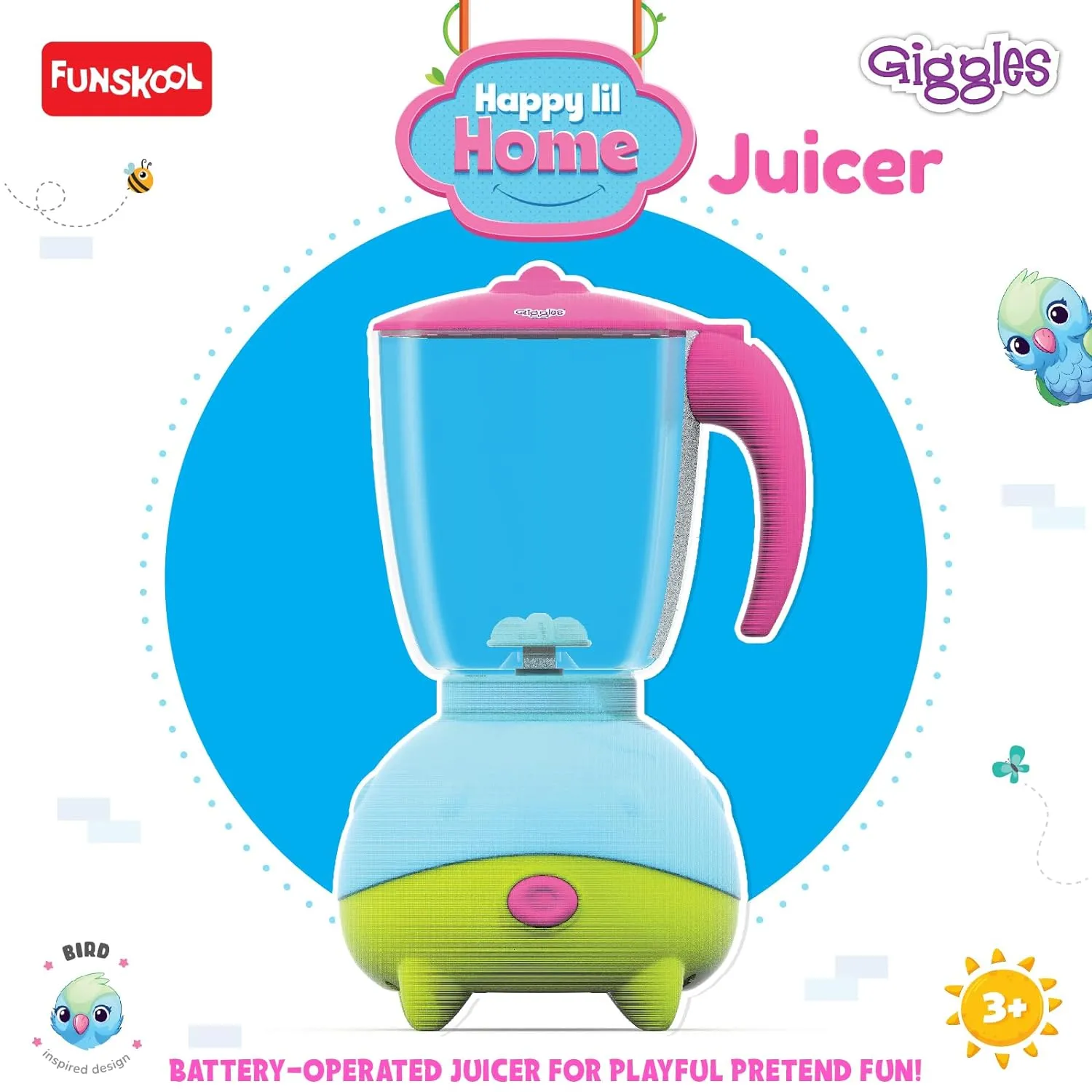 Funskool Giggles Playset Happy Lil Home-Juicer, Bird Inspired Pretend Role-Play Toy with Electronic Sounds,Mixer Blade,for Kids 3 Year Old & Above