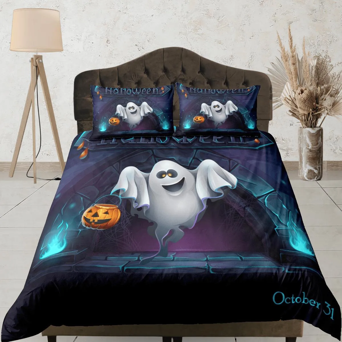 Ghost and pumpkin halloween bedding & pillowcase, gothic duvet cover, dorm bedding, goth decor toddler bedding, halloween gift