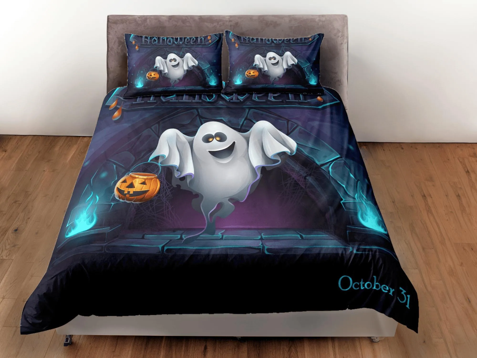 Ghost and pumpkin halloween bedding & pillowcase, gothic duvet cover, dorm bedding, goth decor toddler bedding, halloween gift