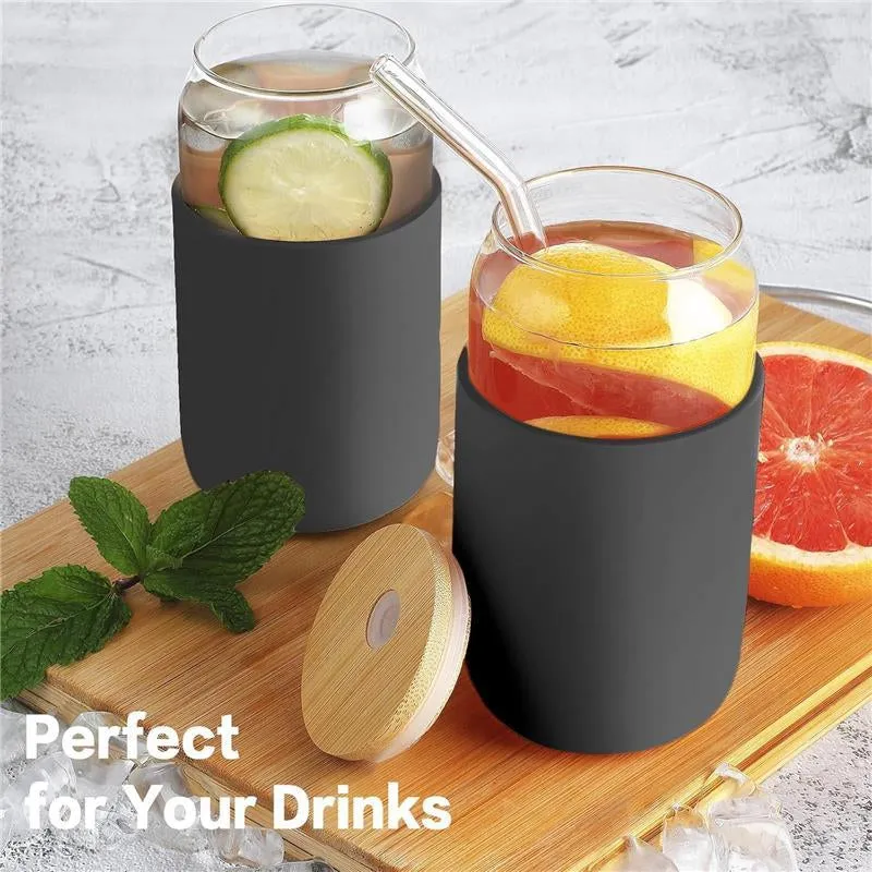 Glass with Bamboo Lids and Straws 8Pcs Set, 20Oz Can Shaped Cute Tumbler Cup with Cleaning Brushes, Beer Glasses, Iced Coffee with Silicone