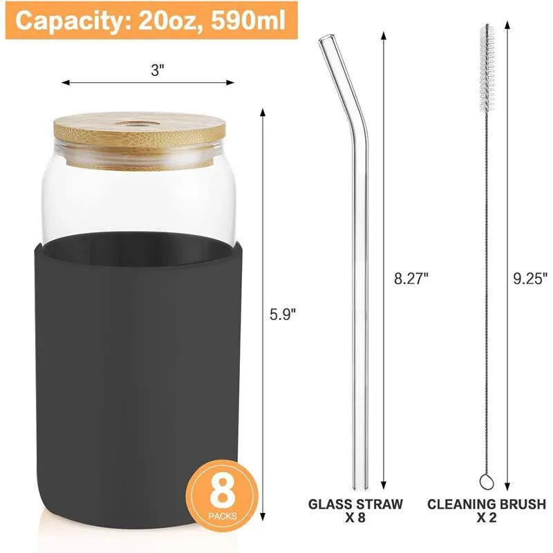 Glass with Bamboo Lids and Straws 8Pcs Set, 20Oz Can Shaped Cute Tumbler Cup with Cleaning Brushes, Beer Glasses, Iced Coffee with Silicone