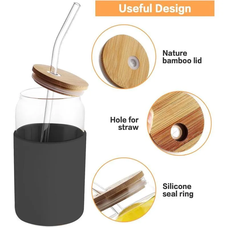 Glass with Bamboo Lids and Straws 8Pcs Set, 20Oz Can Shaped Cute Tumbler Cup with Cleaning Brushes, Beer Glasses, Iced Coffee with Silicone