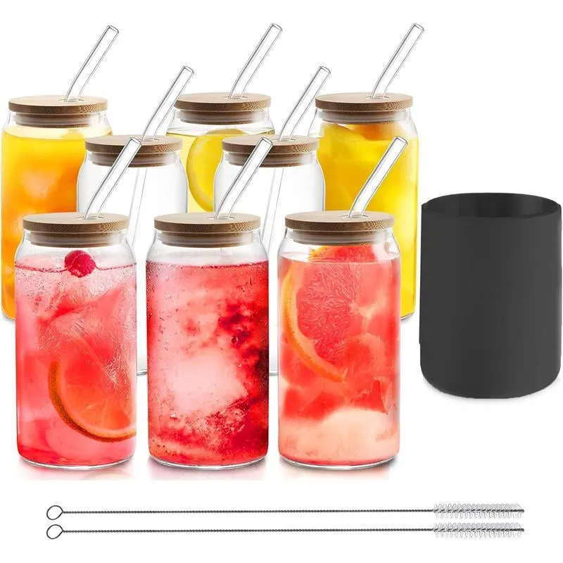 Glass with Bamboo Lids and Straws 8Pcs Set, 20Oz Can Shaped Cute Tumbler Cup with Cleaning Brushes, Beer Glasses, Iced Coffee with Silicone