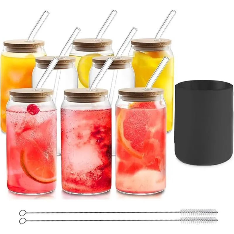 Glass with Bamboo Lids and Straws 8Pcs Set, 20Oz Can Shaped Cute Tumbler Cup with Cleaning Brushes, Beer Glasses, Iced Coffee with Silicone