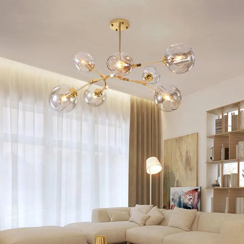 Golden Simplicity Cup Shade Pendant Chandelier with Clear Dimpled Glass â€“ 7-Bulb Dining Room Lighting