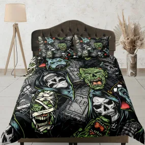 Gory horror zombie and skull faces halloween bedding & pillowcase, duvet cover, dorm bedding, goth decor toddler bedding, halloween gift