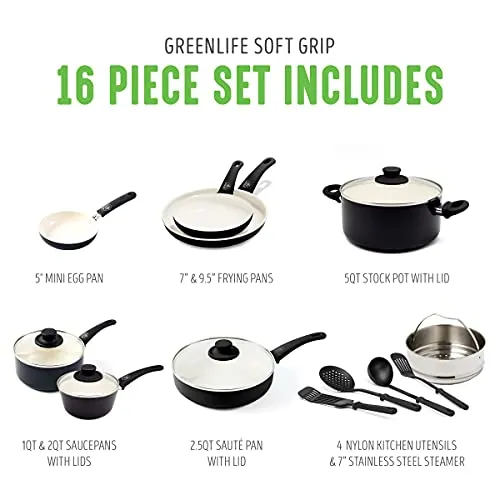 GreenLife Soft Grip Healthy Ceramic Nonstick, 16 Piece Cookware Pots and Pans Set, PFAS-Free, Dishwasher Safe, Black & Cream