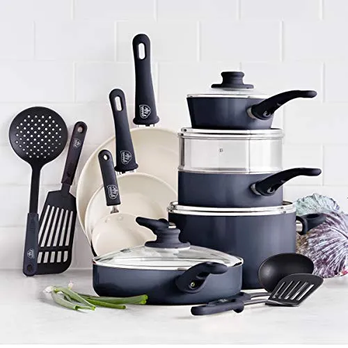 GreenLife Soft Grip Healthy Ceramic Nonstick, 16 Piece Cookware Pots and Pans Set, PFAS-Free, Dishwasher Safe, Black & Cream