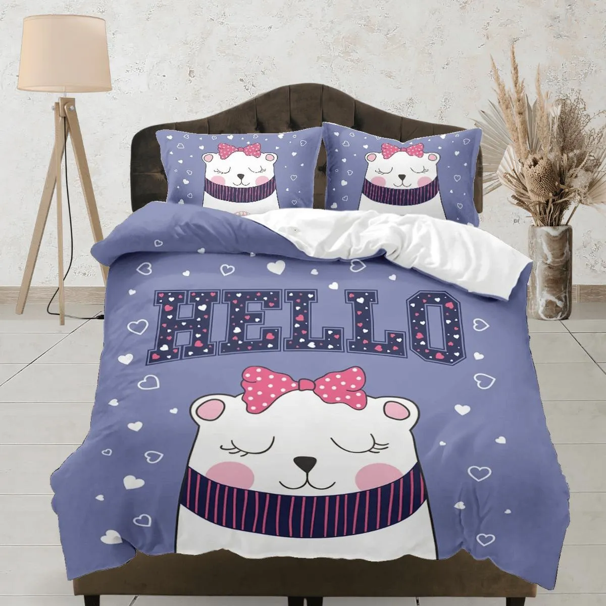 Hello cat bedding purple, toddler bedding, kids duvet cover set, gift for cat lovers, baby bedding, baby shower gift, white cat