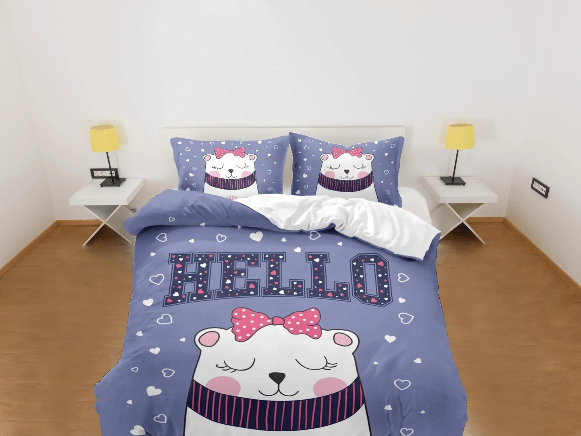 Hello cat bedding purple, toddler bedding, kids duvet cover set, gift for cat lovers, baby bedding, baby shower gift, white cat