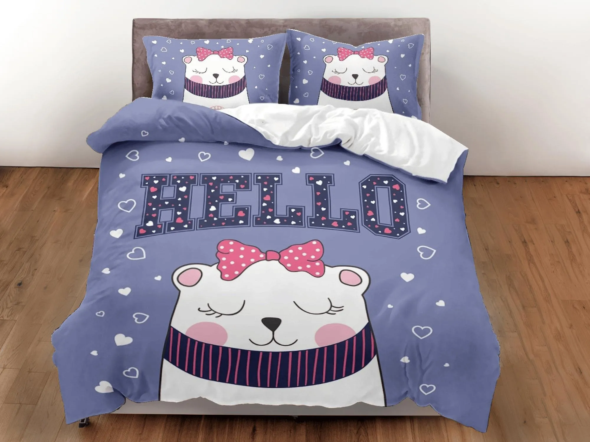 Hello cat bedding purple, toddler bedding, kids duvet cover set, gift for cat lovers, baby bedding, baby shower gift, white cat