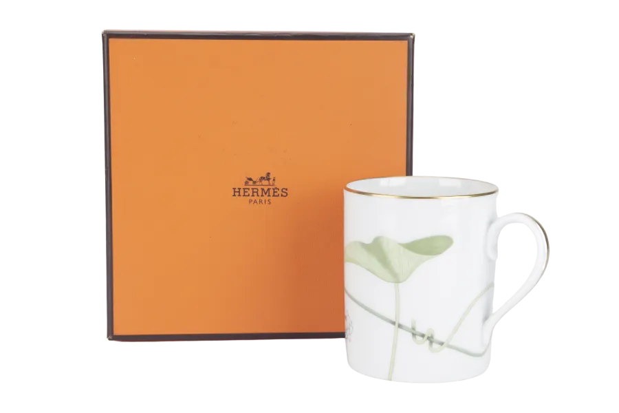 HERMES GREEN LOTUS MARK PORCELAIN MUG WITH BOX