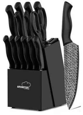 (Household) Amorston 15 Pieces Knife Set/Damascus Kitchen Knife Set with Built in Knife Sharpener Block/German Stainless Steel Knife/Block Set