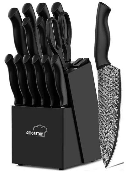 (Household) Amorston 15 Pieces Knife Set/Damascus Kitchen Knife Set with Built in Knife Sharpener Block/German Stainless Steel Knife/Block Set