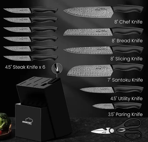 (Household) Amorston 15 Pieces Knife Set/Damascus Kitchen Knife Set with Built in Knife Sharpener Block/German Stainless Steel Knife/Block Set