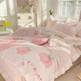 Kawaii Cute Pink Peach Cartoon Ruffle Edge Cotton Duvet Cover Set Single Twin Queen King Size