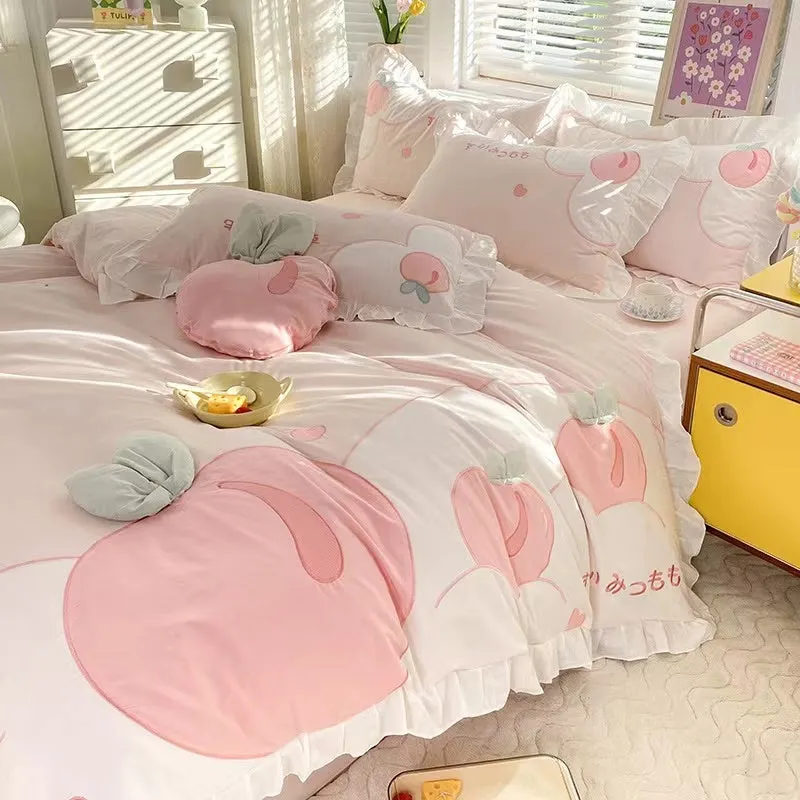 Kawaii Cute Pink Peach Cartoon Ruffle Edge Cotton Duvet Cover Set Single Twin Queen King Size