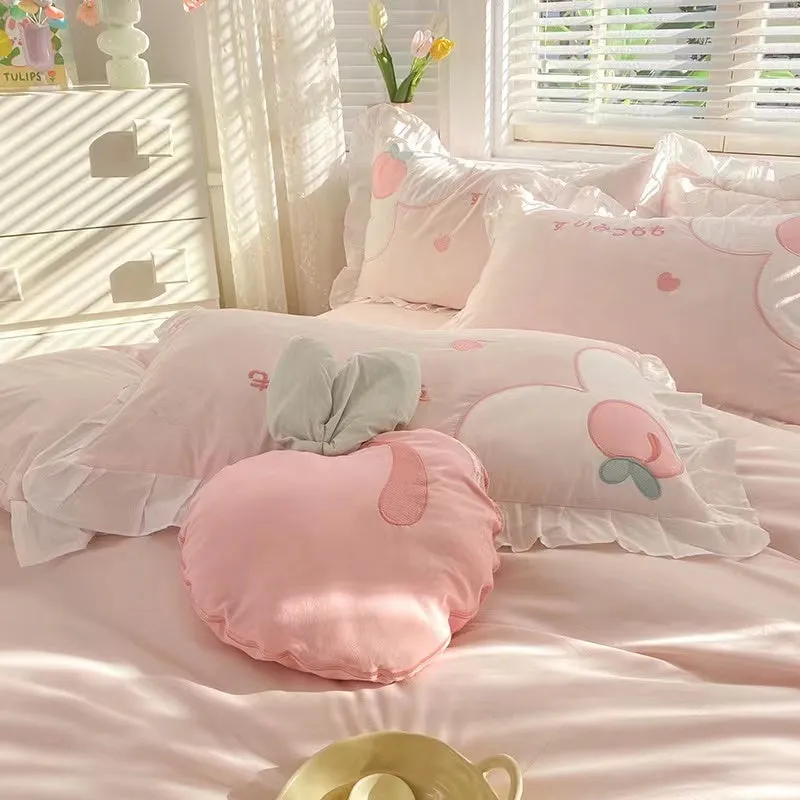 Kawaii Cute Pink Peach Cartoon Ruffle Edge Cotton Duvet Cover Set Single Twin Queen King Size