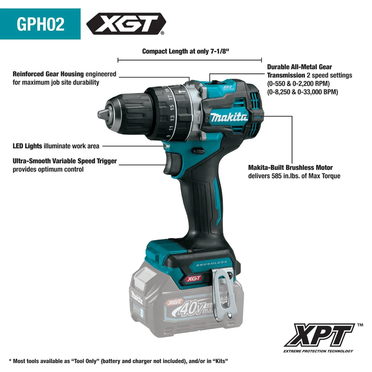 Makita (GPH02Z) 40V max XGT® Compact Brushless 1/2" Hammer Driver‑Drill, Tool Only