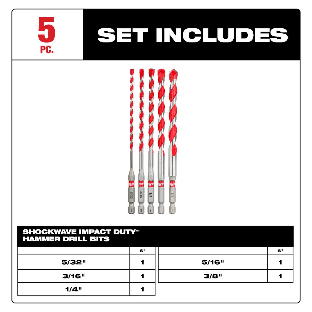 Milwaukee 48-20-9051 5pc. SHOCKWAVE™ Carbide Hammer Drill Bit Kit