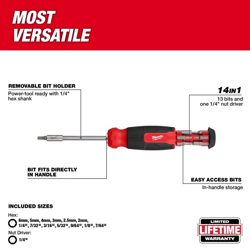 Milwaukee Hex Shank 14-in-1 Multi-Bit Screwdriver 9.11 in. 16 pc