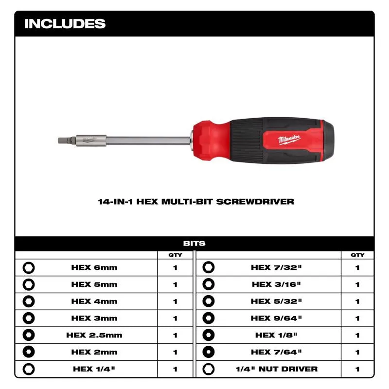 Milwaukee Hex Shank 14-in-1 Multi-Bit Screwdriver 9.11 in. 16 pc