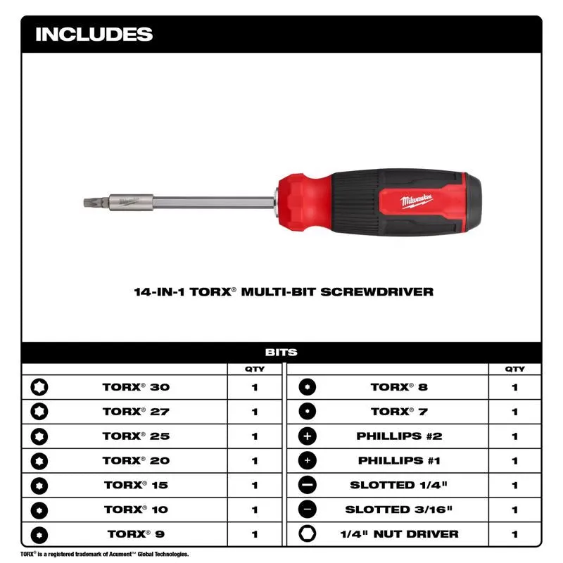 Milwaukee Torx Hex Shank 14-in-1 Multi-Bit Screwdriver 9.11 in. 1 pc