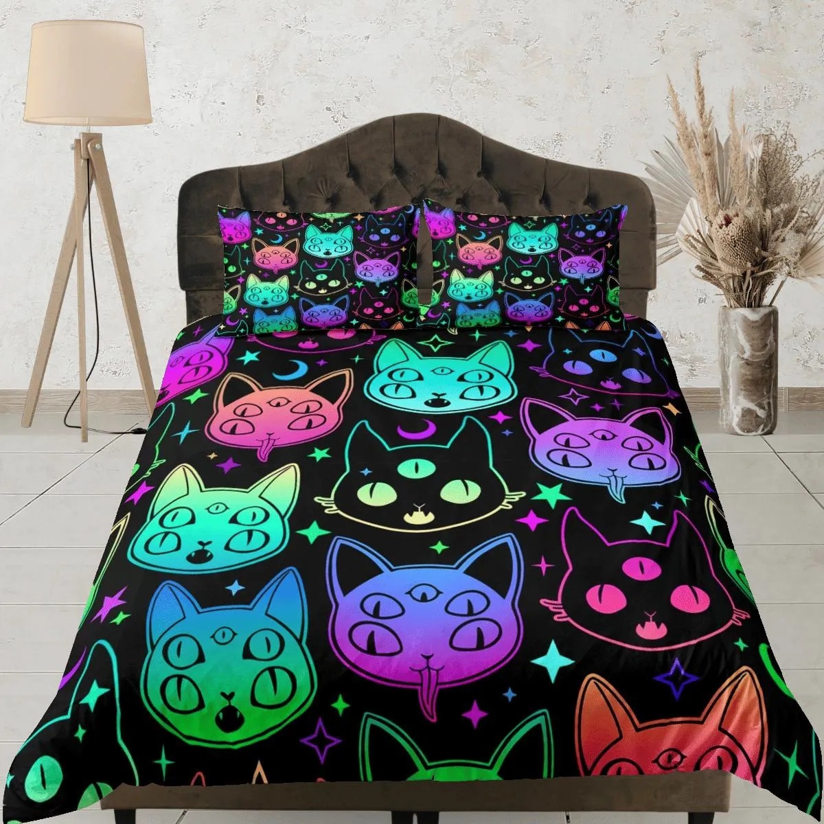 Mystic cat 90s neon halloween bedding hippie retro duvet cover set, colorful dorm bedding, teens bedroom, adult duvet, toddler bedding