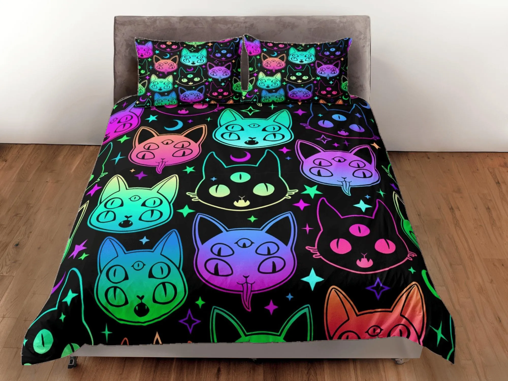 Mystic cat 90s neon halloween bedding hippie retro duvet cover set, colorful dorm bedding, teens bedroom, adult duvet, toddler bedding