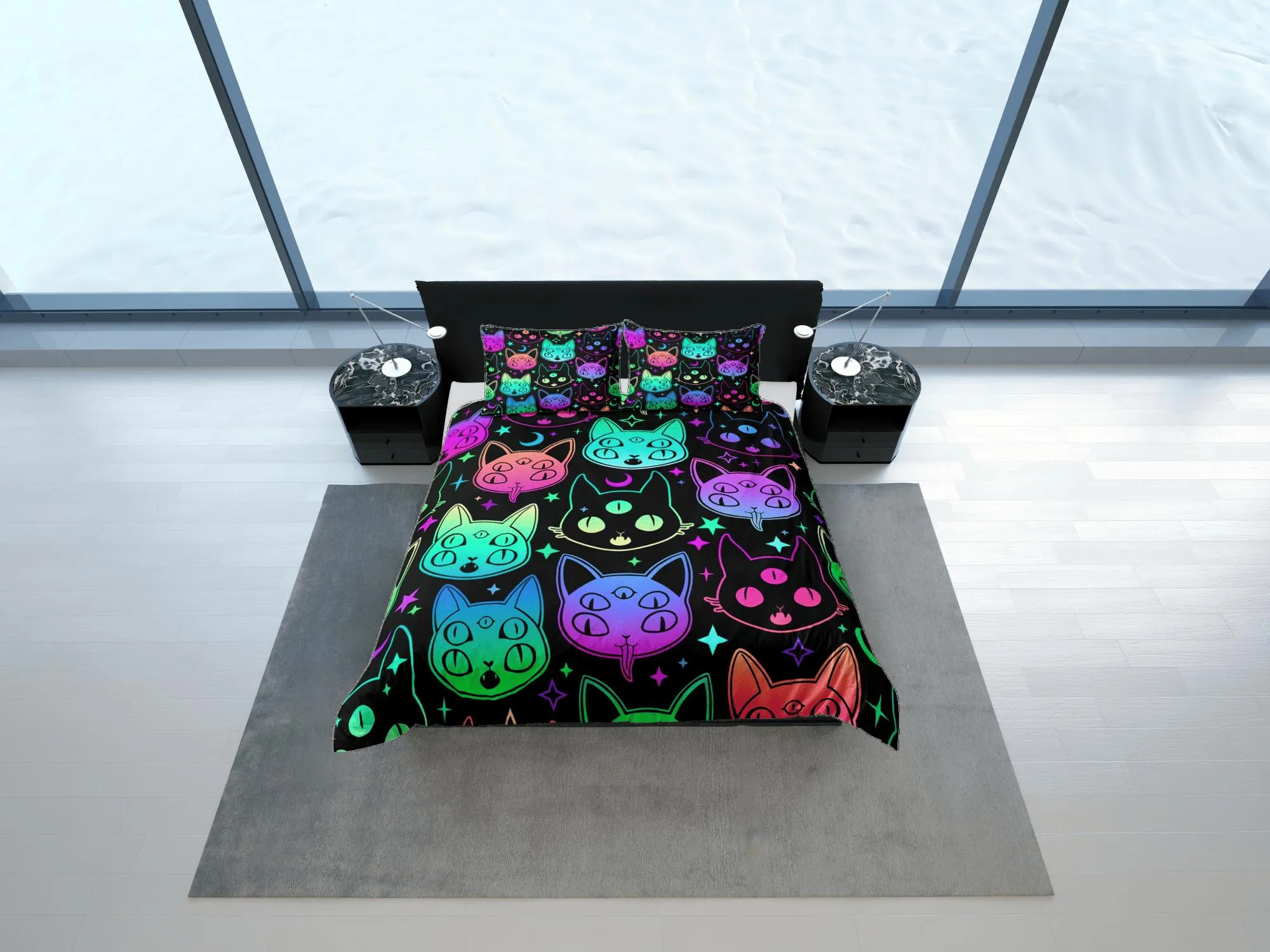 Mystic cat 90s neon halloween bedding hippie retro duvet cover set, colorful dorm bedding, teens bedroom, adult duvet, toddler bedding