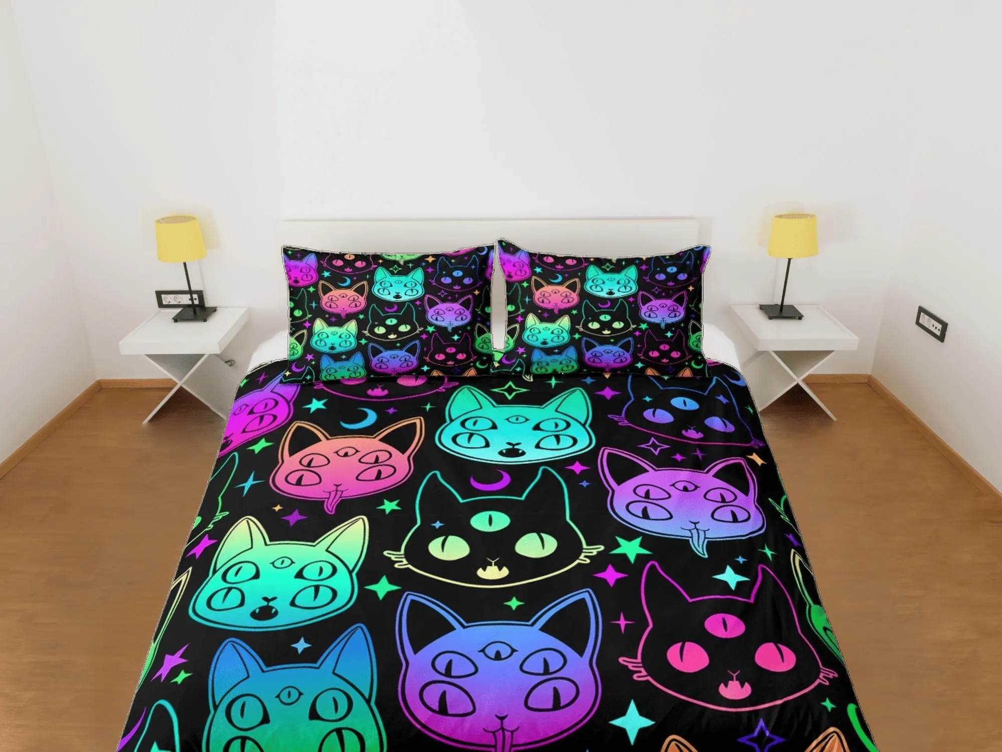 Mystic cat 90s neon halloween bedding hippie retro duvet cover set, colorful dorm bedding, teens bedroom, adult duvet, toddler bedding