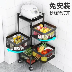 (Net) 4 Layer Square Basket Kitchen Rotating Storage Rack Storage Rack Fruit Vegetables Metal Storage Cages With Wheels Cart