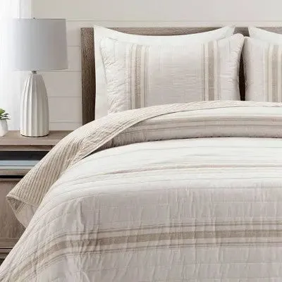 New - 2pc Twin/Twin Extra Long Farmhouse Striped Reversible Quilt Bedding Set Off White/Cream - Lush Décor