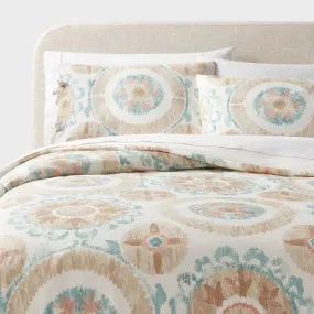 New - King Suzani Print Duvet Cover and Sham Set Ivory/Light Teal Blue - Threshold