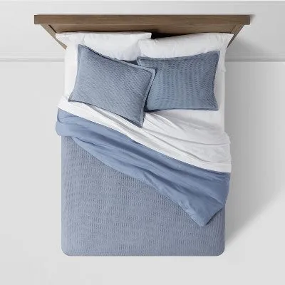 New - King Washed Waffle Weave Duvet Cover & Sham Set Blue - Threshold