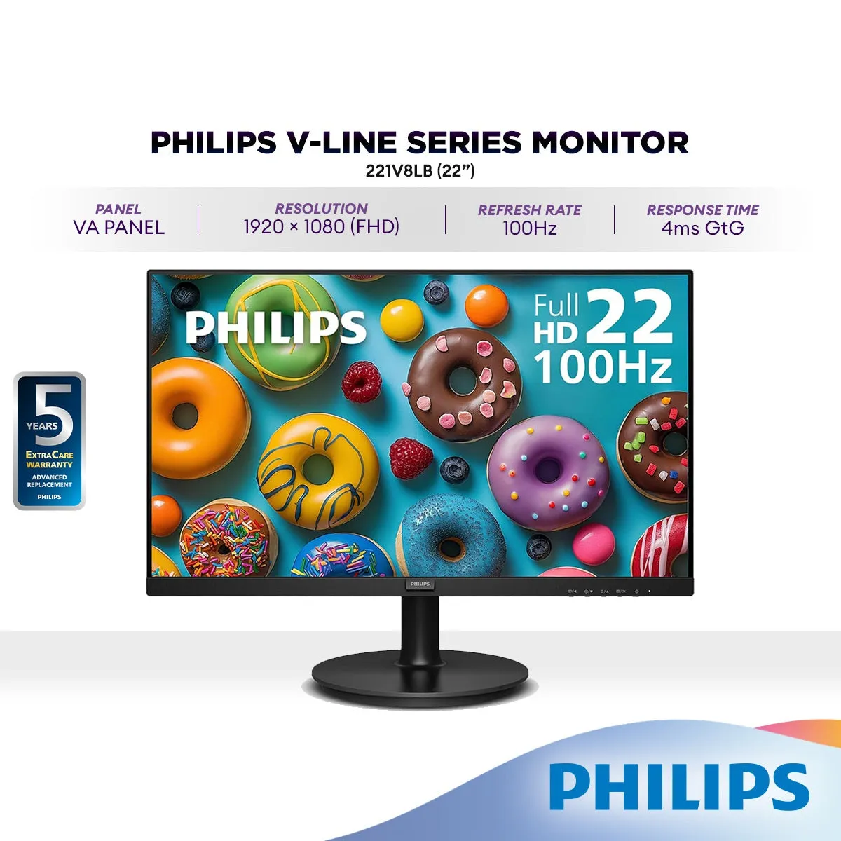 Philips 221V8LB 22" FHD VA Monitor | 100Hz | Adaptive Sync | LowBlue Mode | Flicker Free | 1080p | 5 YEARS WARRANTY