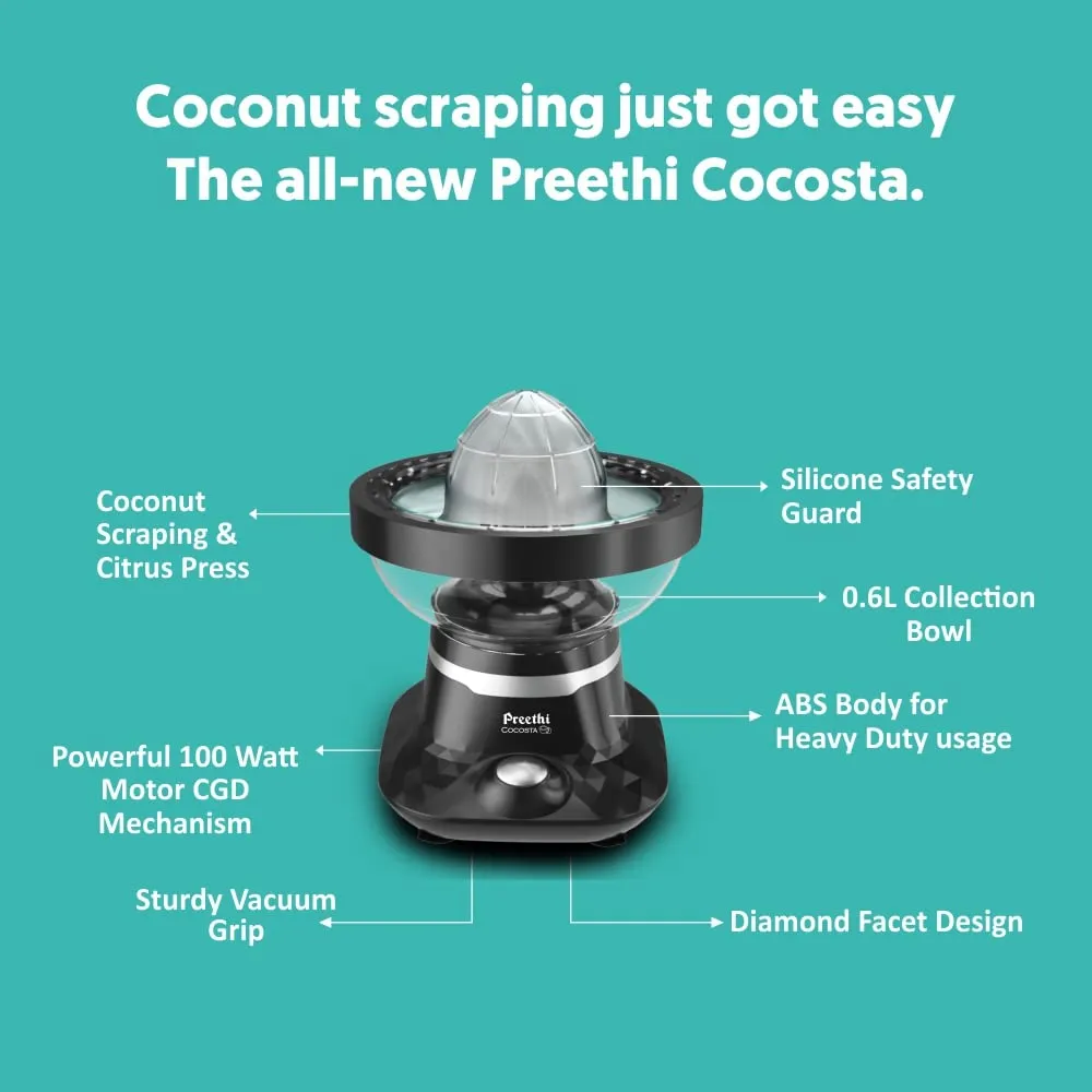 Preethi Cocosta Kp001 Coconut Scraper&Citrus Juicer,100% Safe Dual Protection Scraper With Safety Switch&Silicon Cap