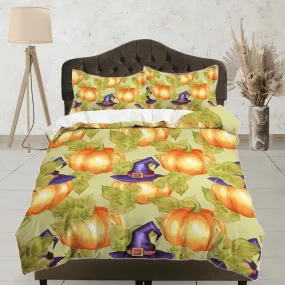 Pumpkin witch vintage halloween bedding & pillowcase, green botanical duvet cover set dorm bedding, nursery toddler bedding, halloween gift