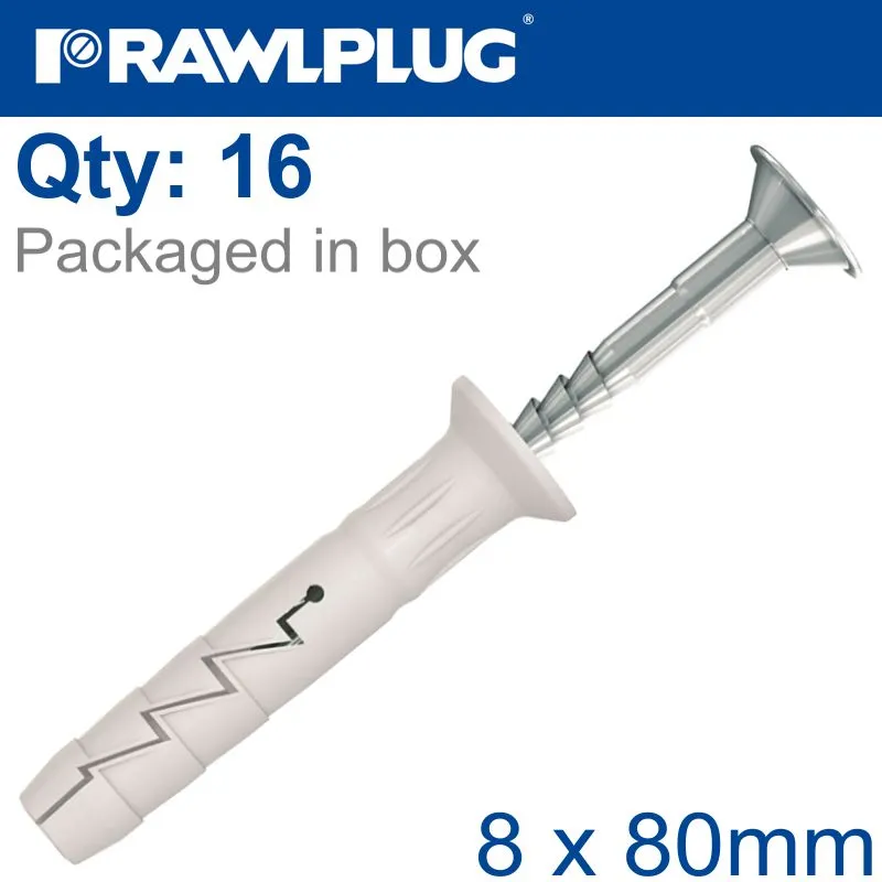 RAWLPLUG NYL NAIL-IN FIXING 8X80MM   CSK HEAD X16 -BAG RAW R-S1-FX-N08L080-16