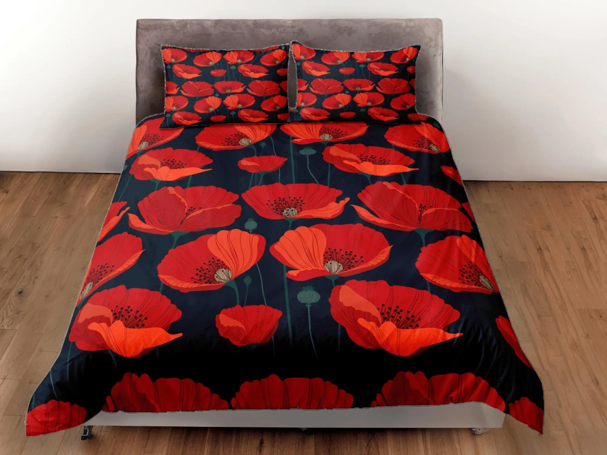 Red poppies floral duvet cover colorful bedding, teen girl bedroom, baby girl crib bedding boho maximalist bedspread aesthetic bedding