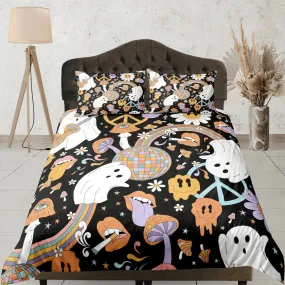 Retro cute ghost and smiley 90s halloween bedding hippie duvet cover set, colorful dorm bedding, teens bedroom, adult duvet, toddler bedding