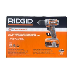 RIDGID 18V SubCompact Lithium-Ion Brushless Cordless 1/2 in. Hammer Drill/Driver, (2) 2.0 Ah Batteries, Charger, and Tool Storage Bag