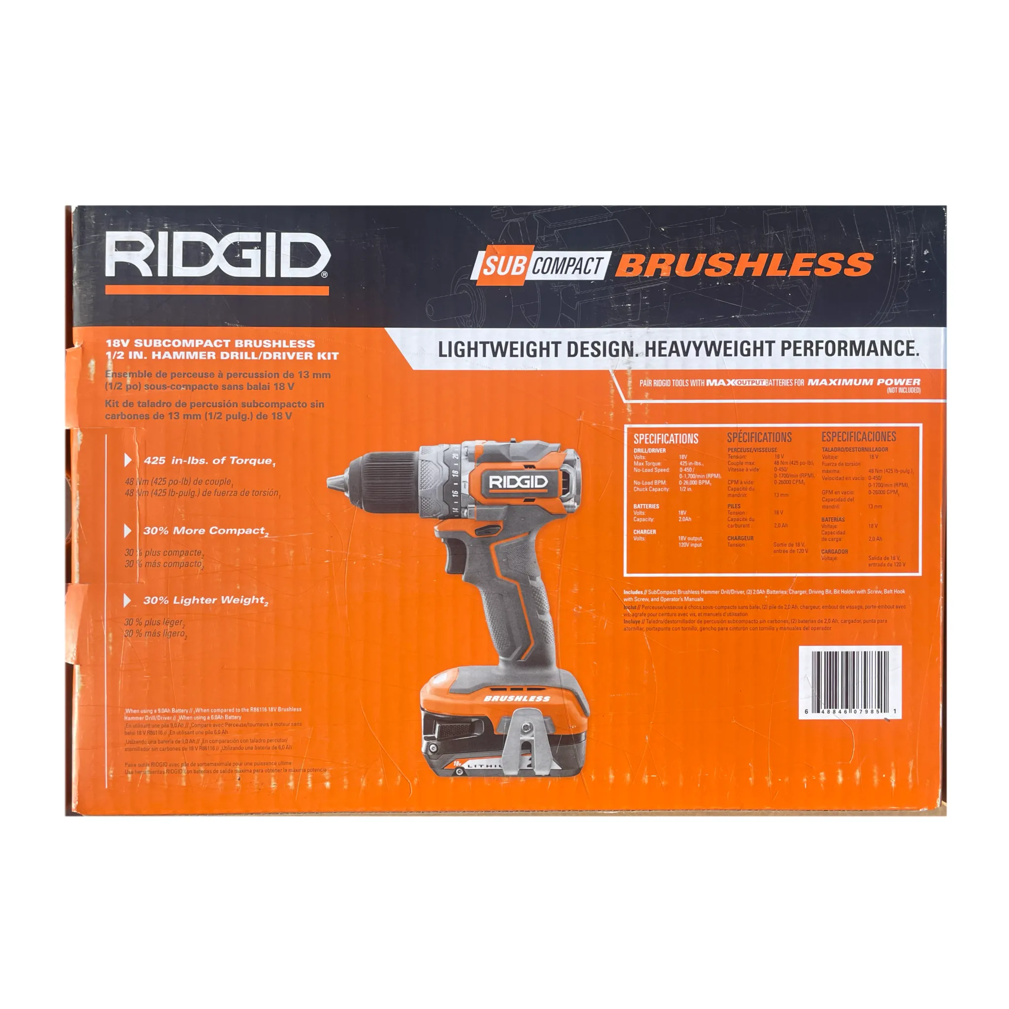 RIDGID 18V SubCompact Lithium-Ion Brushless Cordless 1/2 in. Hammer Drill/Driver, (2) 2.0 Ah Batteries, Charger, and Tool Storage Bag