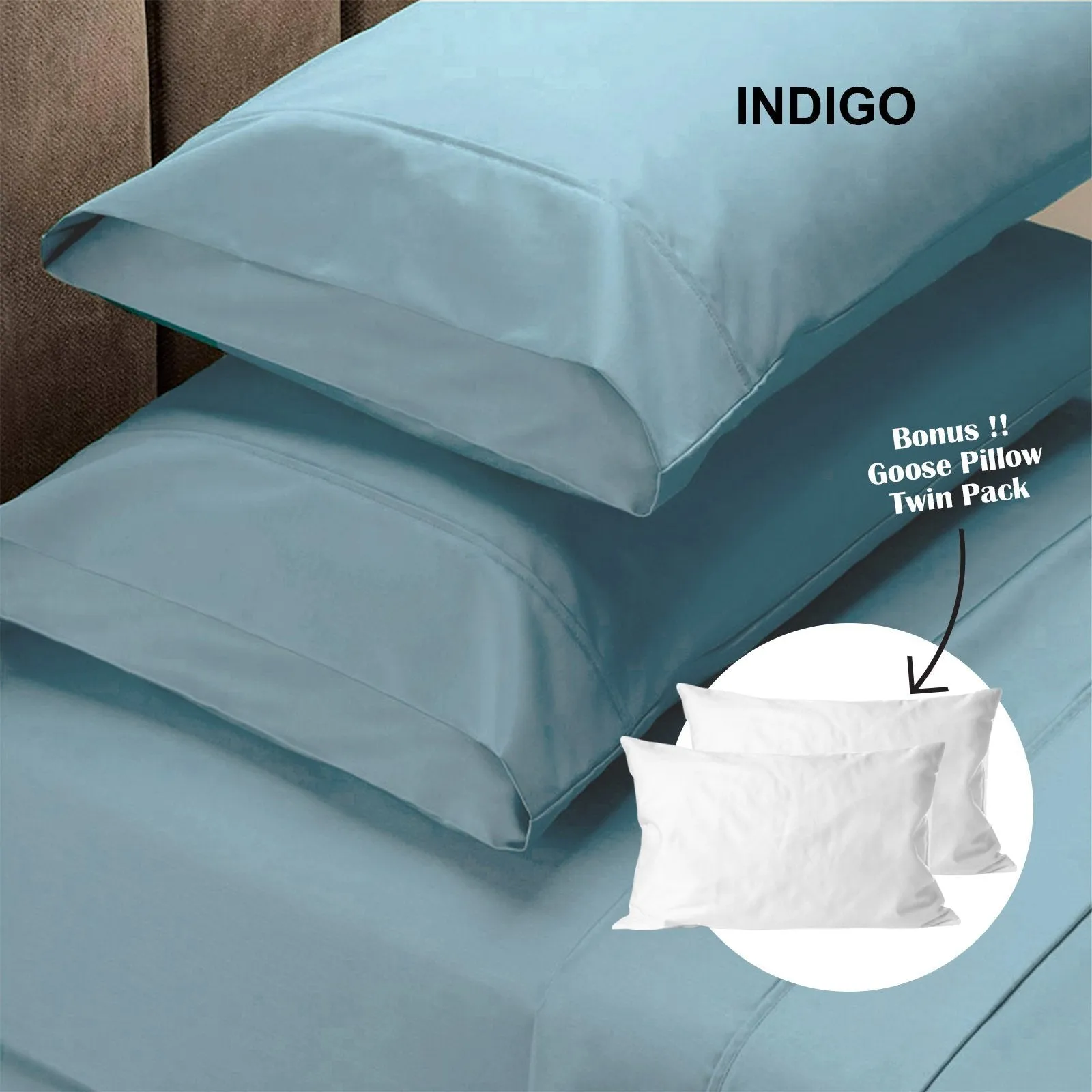 Royal Comfort 4 Piece 1500TC Sheet Set And Goose Feather Down Pillows 2 Pack Set Double Indigo