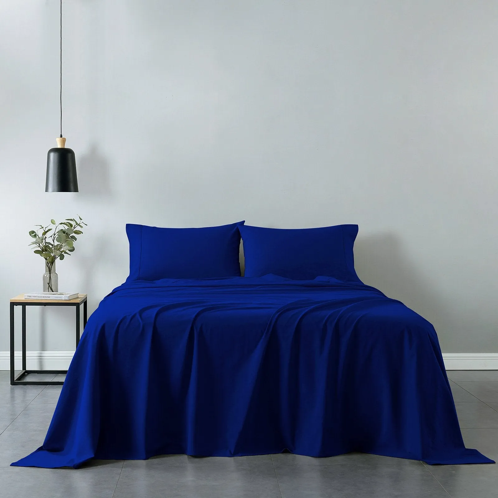 Royal Comfort Vintage Washed 100% Cotton Sheet Set Fitted Flat Sheet Pillowcases Single Royal Blue