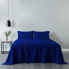 Royal Comfort Vintage Washed 100% Cotton Sheet Set Fitted Flat Sheet Pillowcases Single Royal Blue