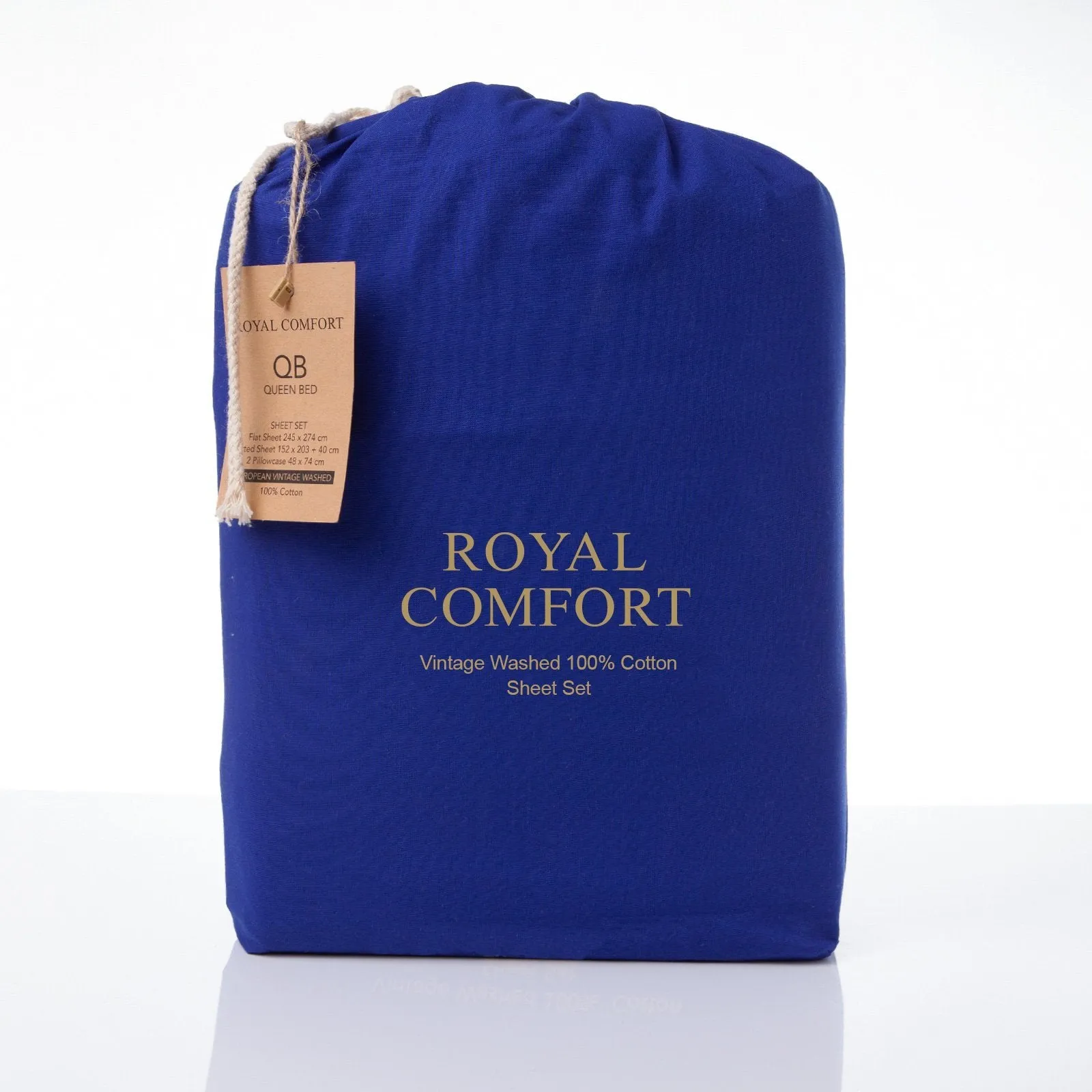 Royal Comfort Vintage Washed 100% Cotton Sheet Set Fitted Flat Sheet Pillowcases Single Royal Blue