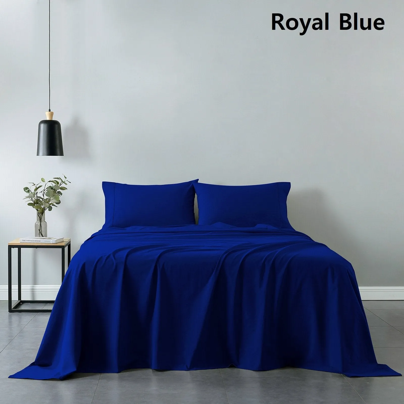 Royal Comfort Vintage Washed 100% Cotton Sheet Set Fitted Flat Sheet Pillowcases Single Royal Blue