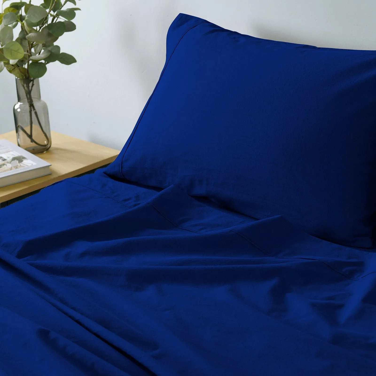 Royal Comfort Vintage Washed 100% Cotton Sheet Set Fitted Flat Sheet Pillowcases Single Royal Blue