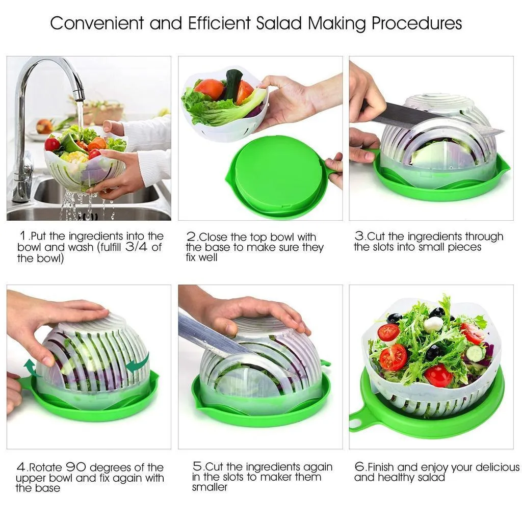 Salad Cutting Bowl, Wash Strain Slice and Serve, 60 Seconds Salad, with Orange Juicer